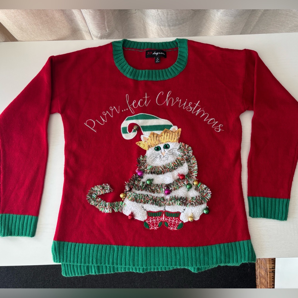 Cat Tacky Christmas Sweater in Red and Green - 32 Degrees